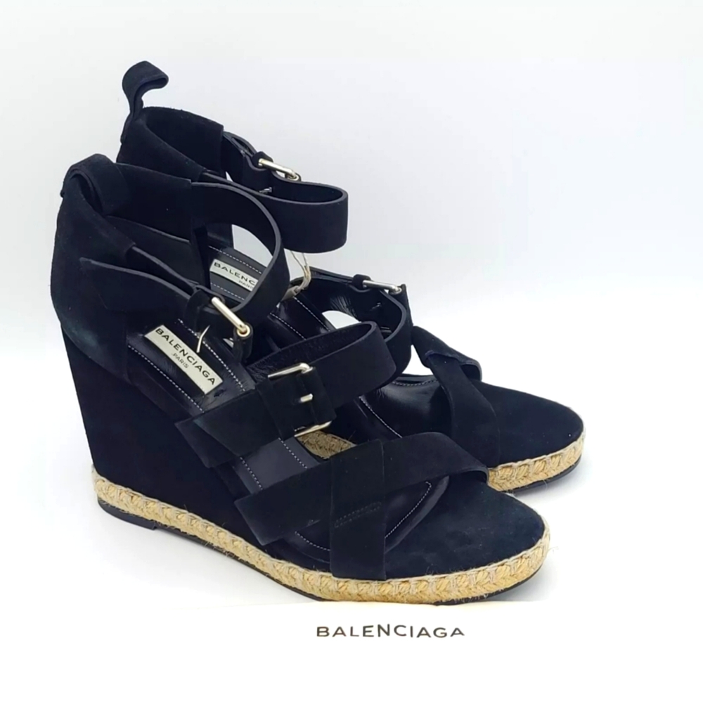 Balenciaga Suede Espadrille Wedge Sandal, Noir Black. Size 10
